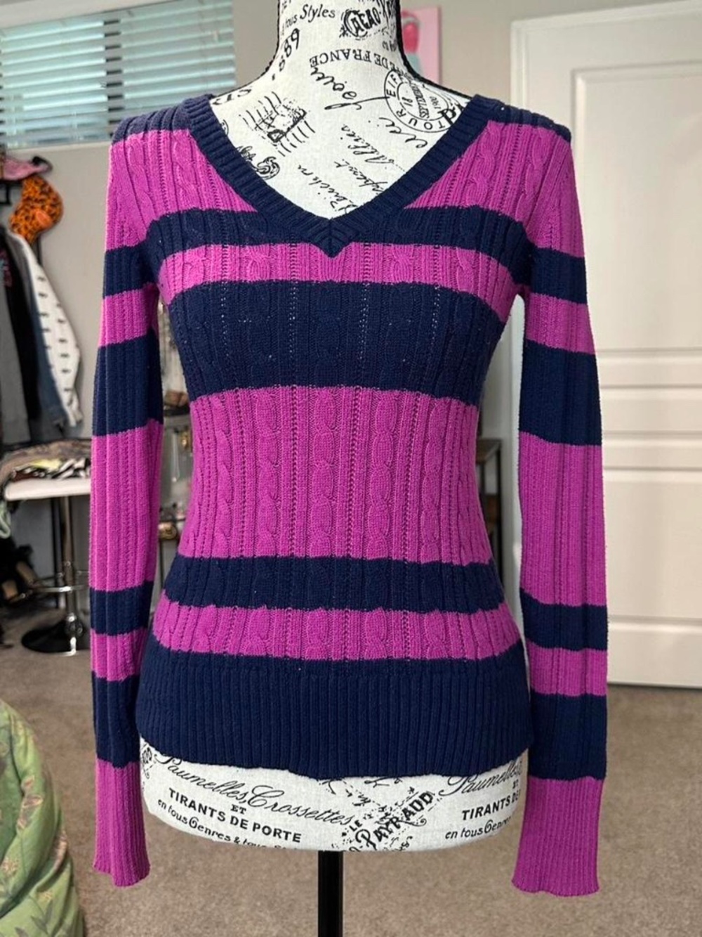 navy and pink striped sweater